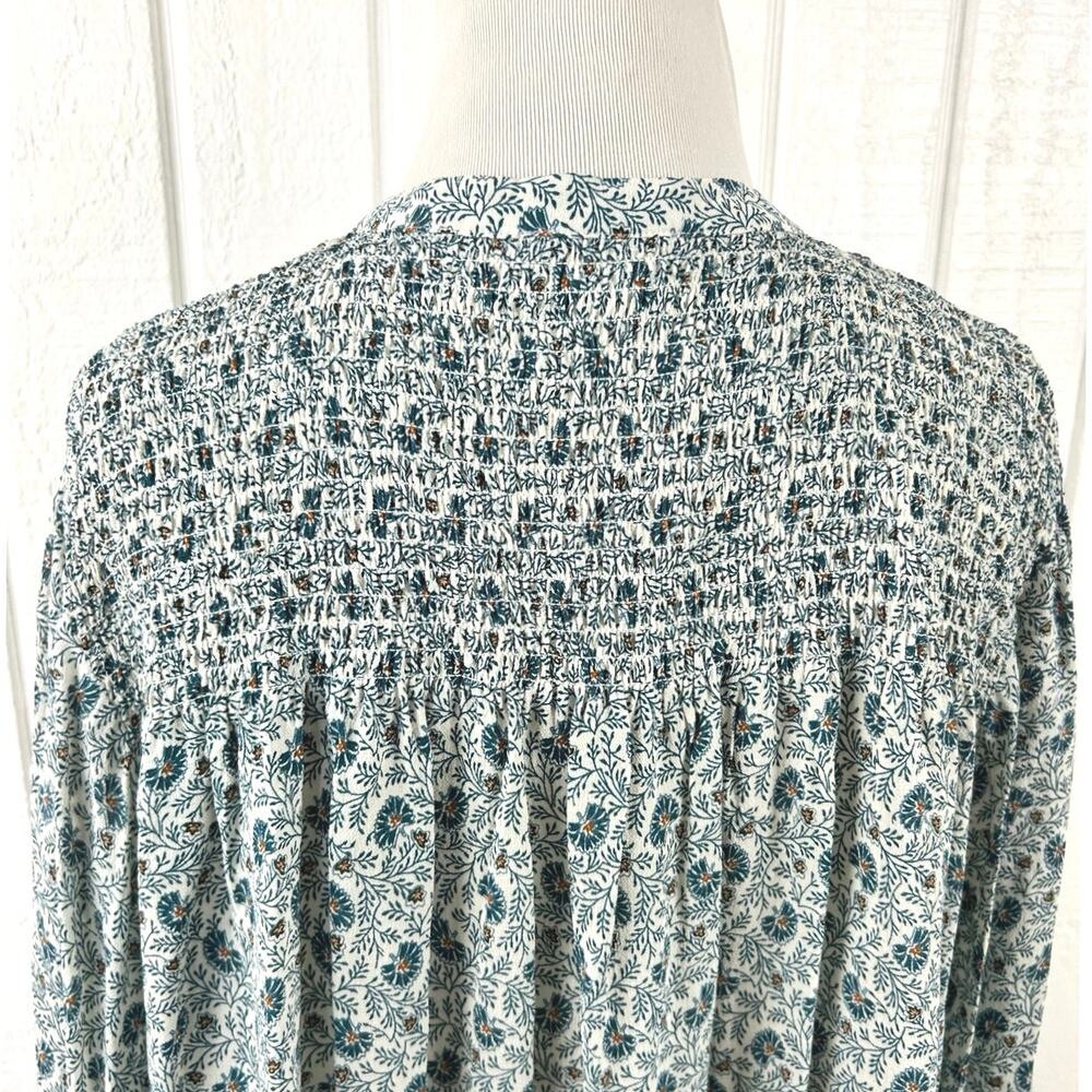 A Loves A Floral Peasant Blouse Medium Blue Boho Smocked Long Sleeve Viscose Top - Picture 7 of 9